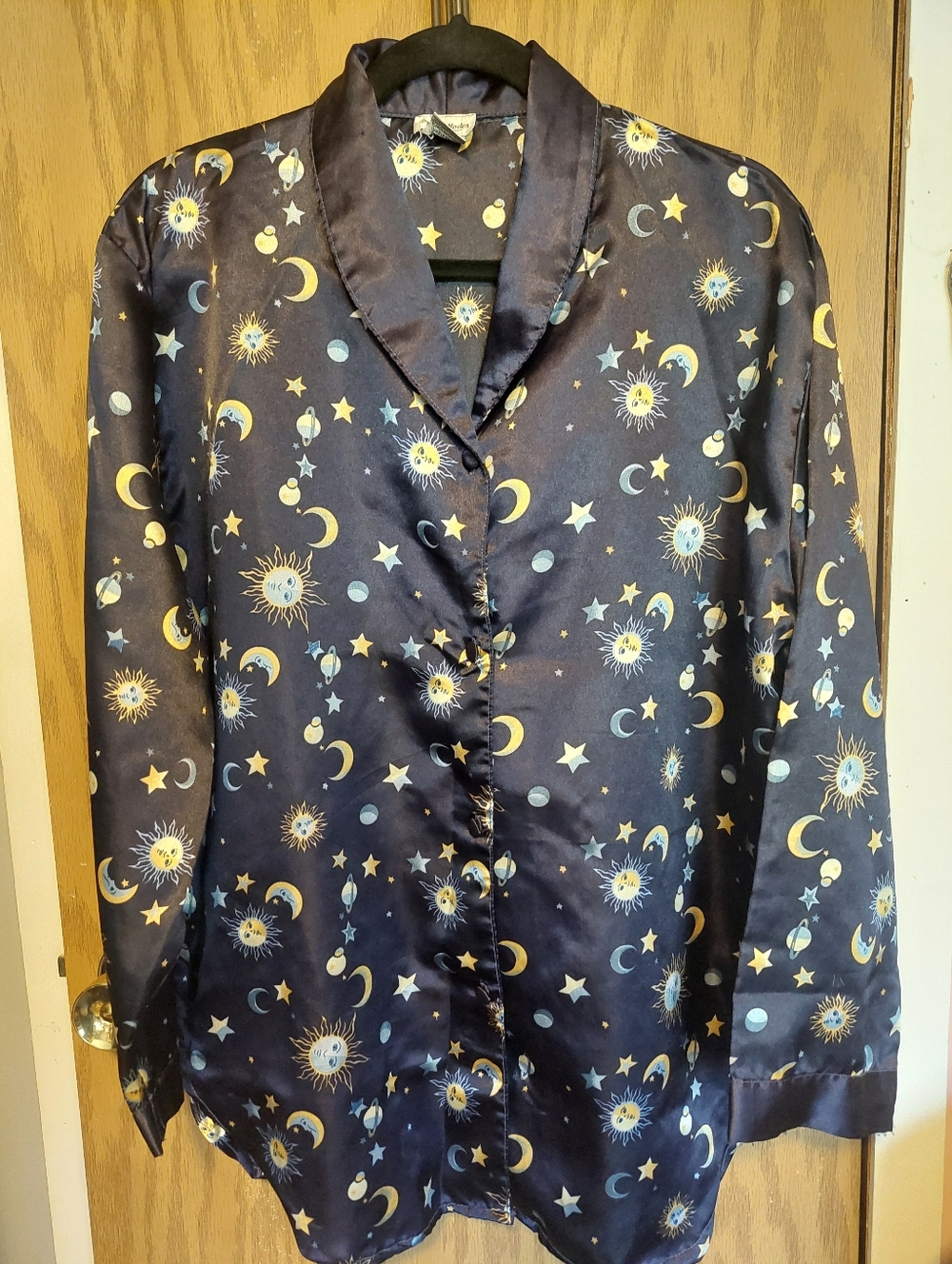 VTG Navy Celestial Satiny Button-Up Night shirt Dream Modes XL Whimsy Goth